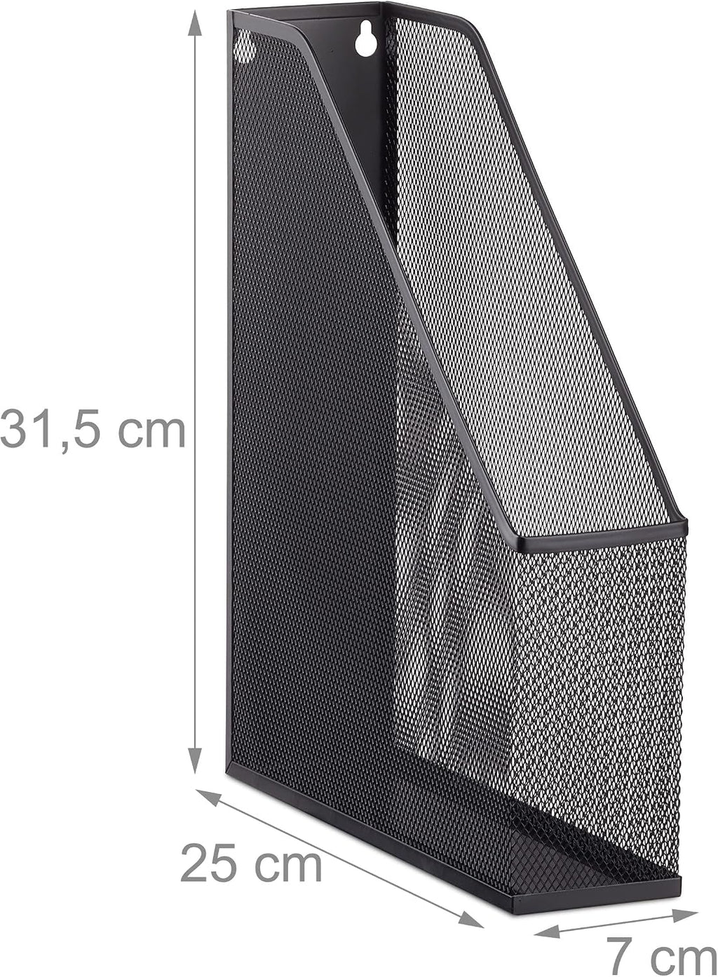 Relaxdays Stand Metal Mesh Upright Lever Arch File A4 to C4, Archive Box, Eyelets For Wall Mounting, Document Holder, Metal, Black, 31.5 x 7.2 x 25 cm