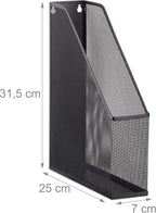 Relaxdays Stand Metal Mesh Upright Lever Arch File A4 to C4, Archive Box, Eyelets For Wall Mounting, Document Holder, Metal, Black, 31.5 x 7.2 x 25 cm
