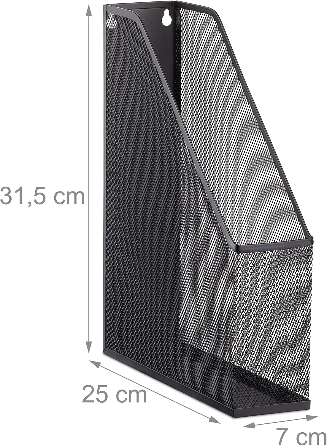 Relaxdays Stand Metal Mesh Upright Lever Arch File A4 to C4, Archive Box, Eyelets For Wall Mounting, Document Holder, Metal, Black, 31.5 x 7.2 x 25 cm