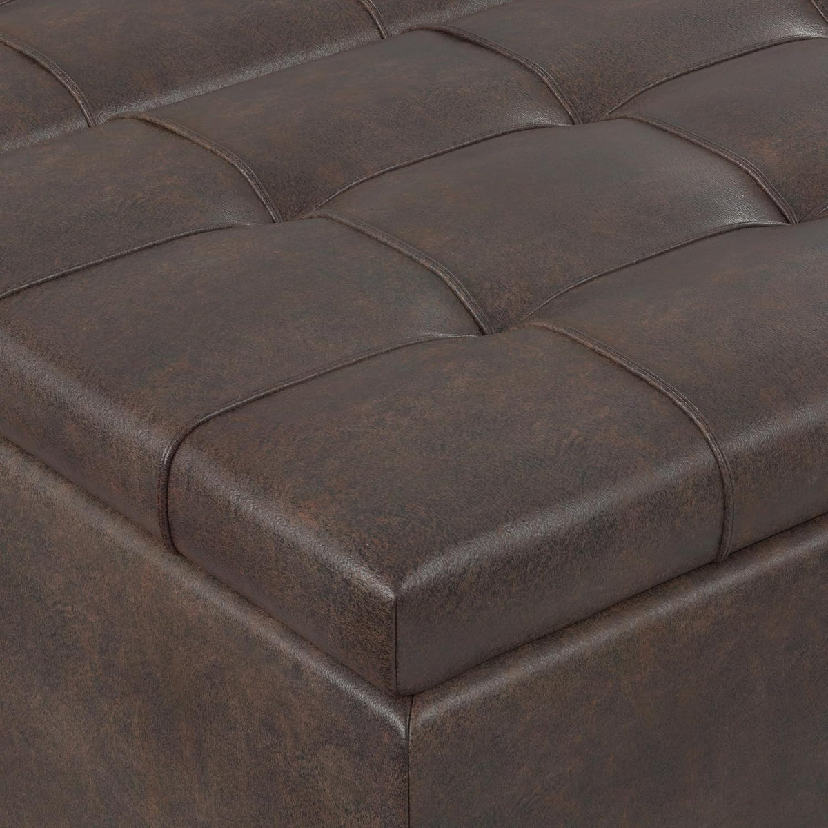 SIMPLIHOME Harrison 40" Wide Vegan Leather Ottoman in Distressed Brown