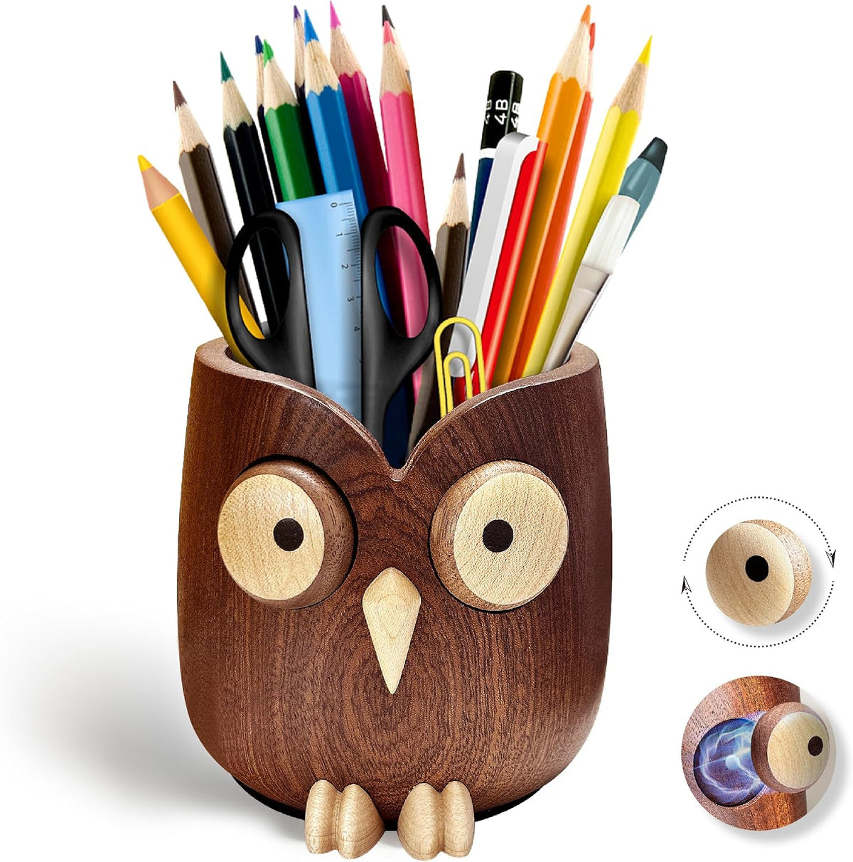 Solid Wood Owl Pen Holder for Desk with Adjustable Expressions, Funny Pencil ...