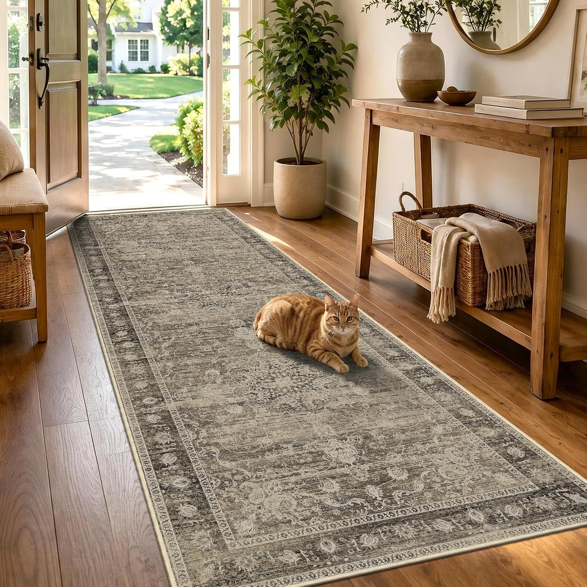 Brown Washable Runner Rug 2.6x8, Vintage Rug Runners for Hallway