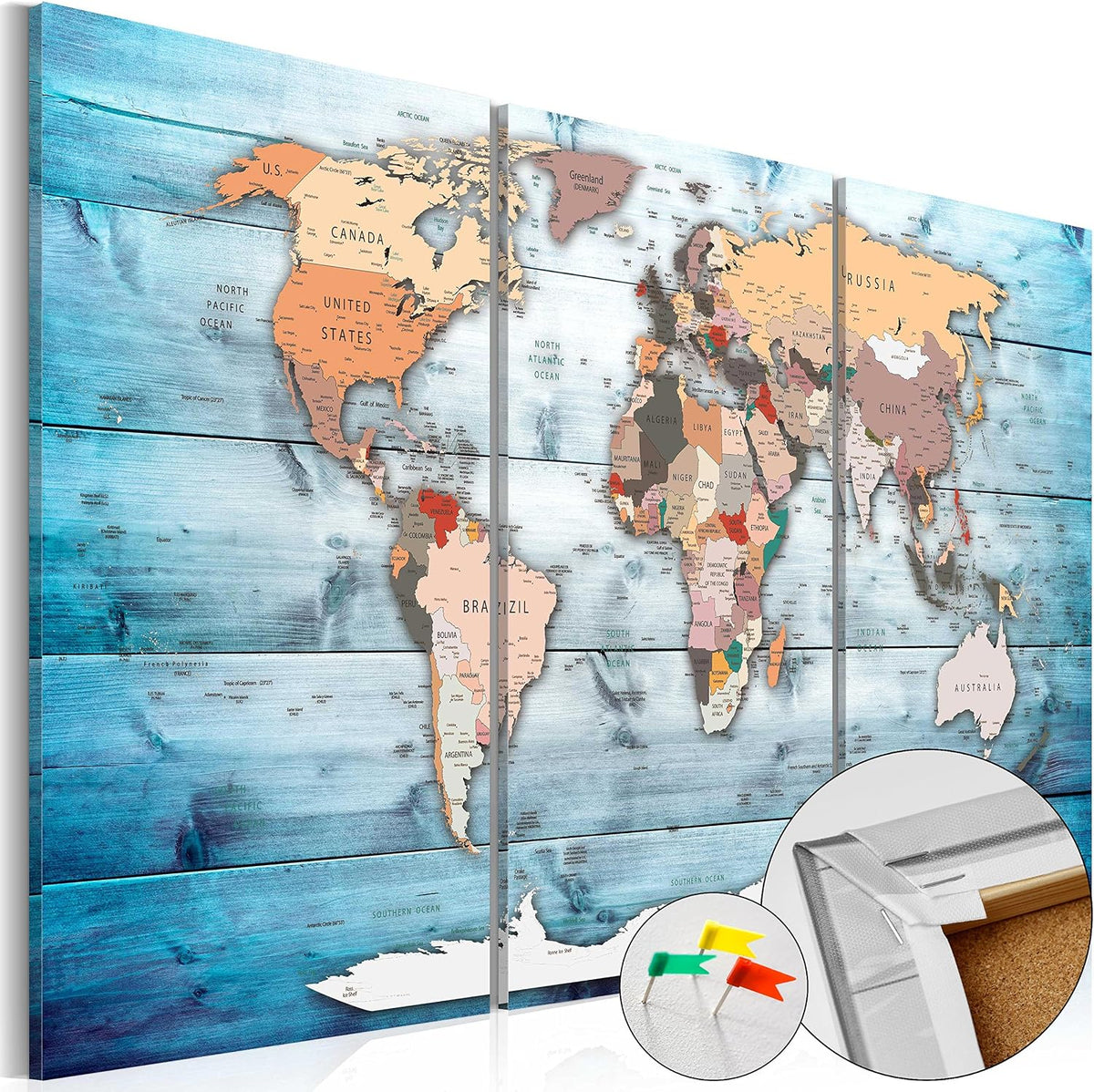 artgeist - Push Pin World Map Cork Board & Canvas Wall Art, Office 35x24 in