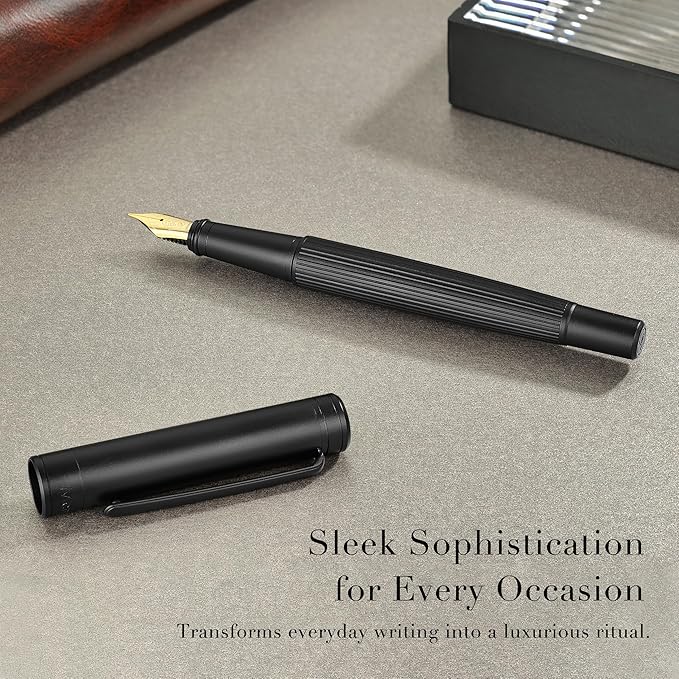 MCNTEIK Matte Black Forest Fountain Pen, Exquisite Vertical Grooving Design - Image 4