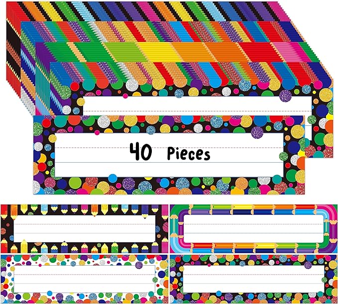 40PCS Desk Nameplates, 4 Designs Double Sided PET Film Desk Name Tags Erasable by Gethelud
