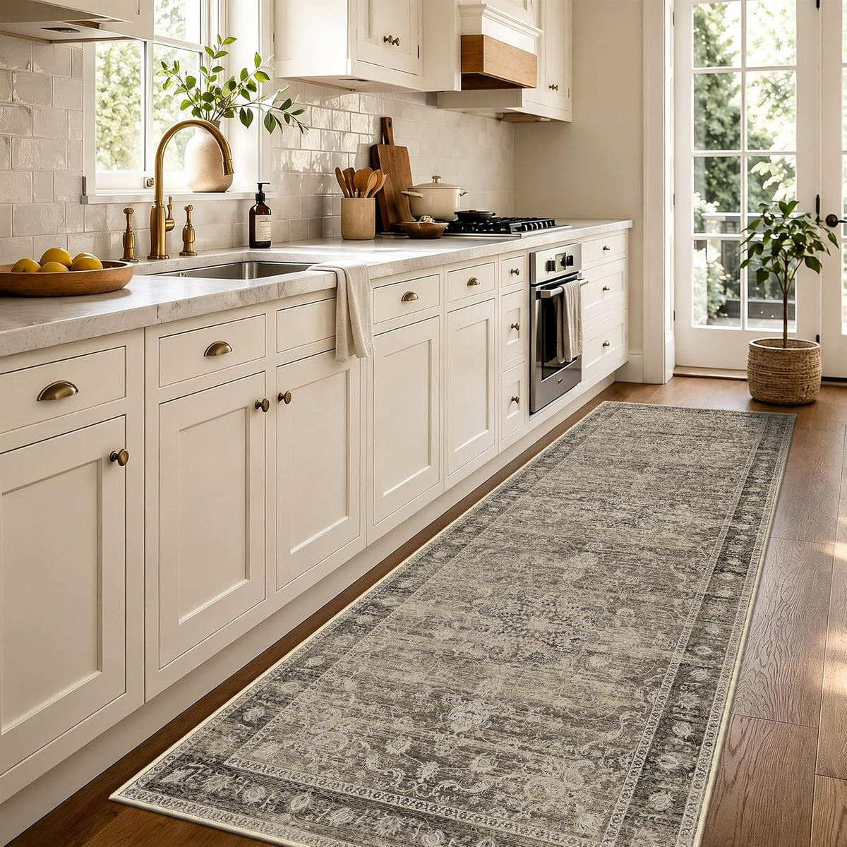 Brown Washable Runner Rug 2.6x8, Vintage Rug Runners for Hallway