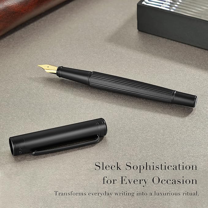 MCNTEIK Matte Black Fountain Pen, Exquisite Vertical Grooving Design, Ink - Image 4