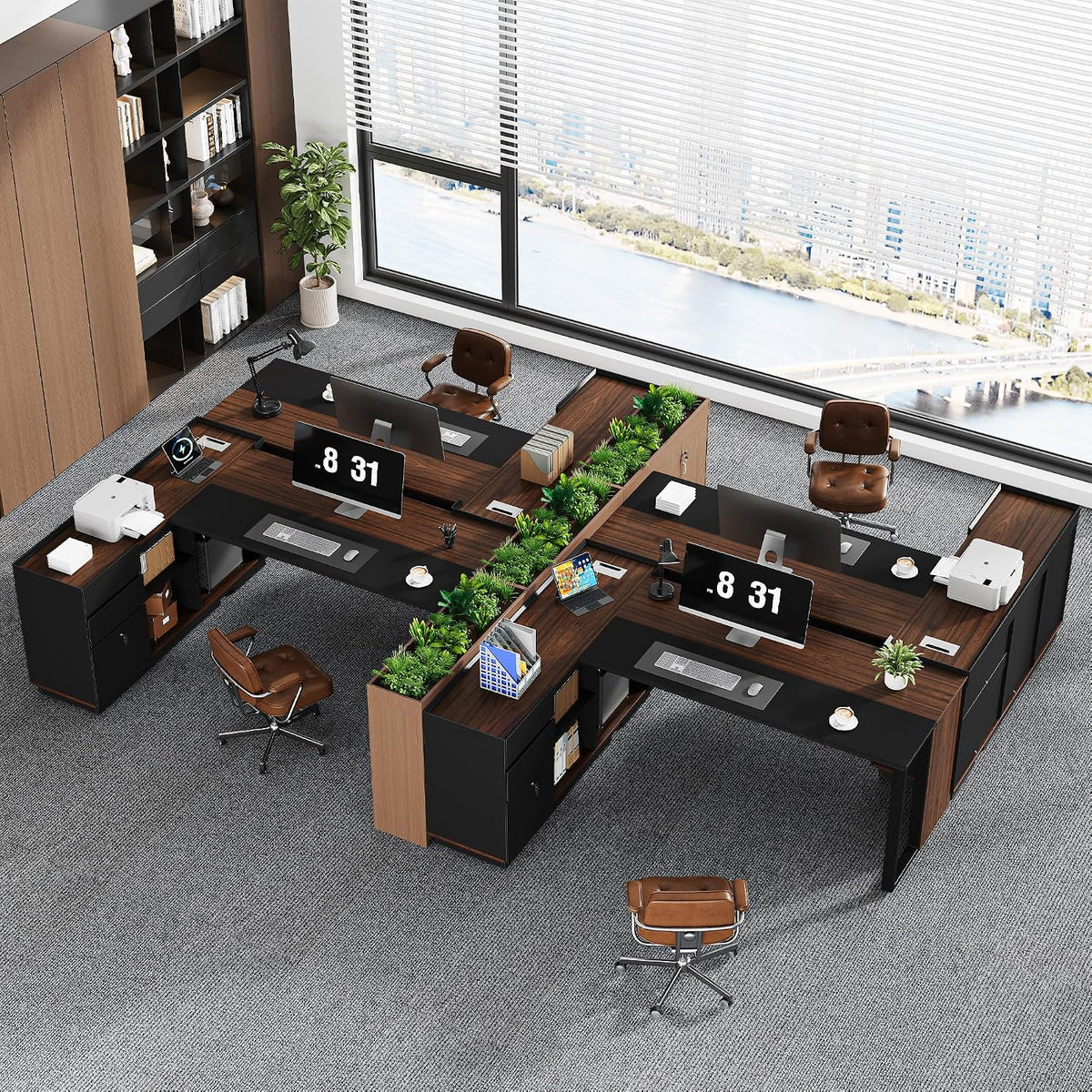 70" Executive Desk with Cabinet Storage, L-Shaped Office Desk with 3 Dra...