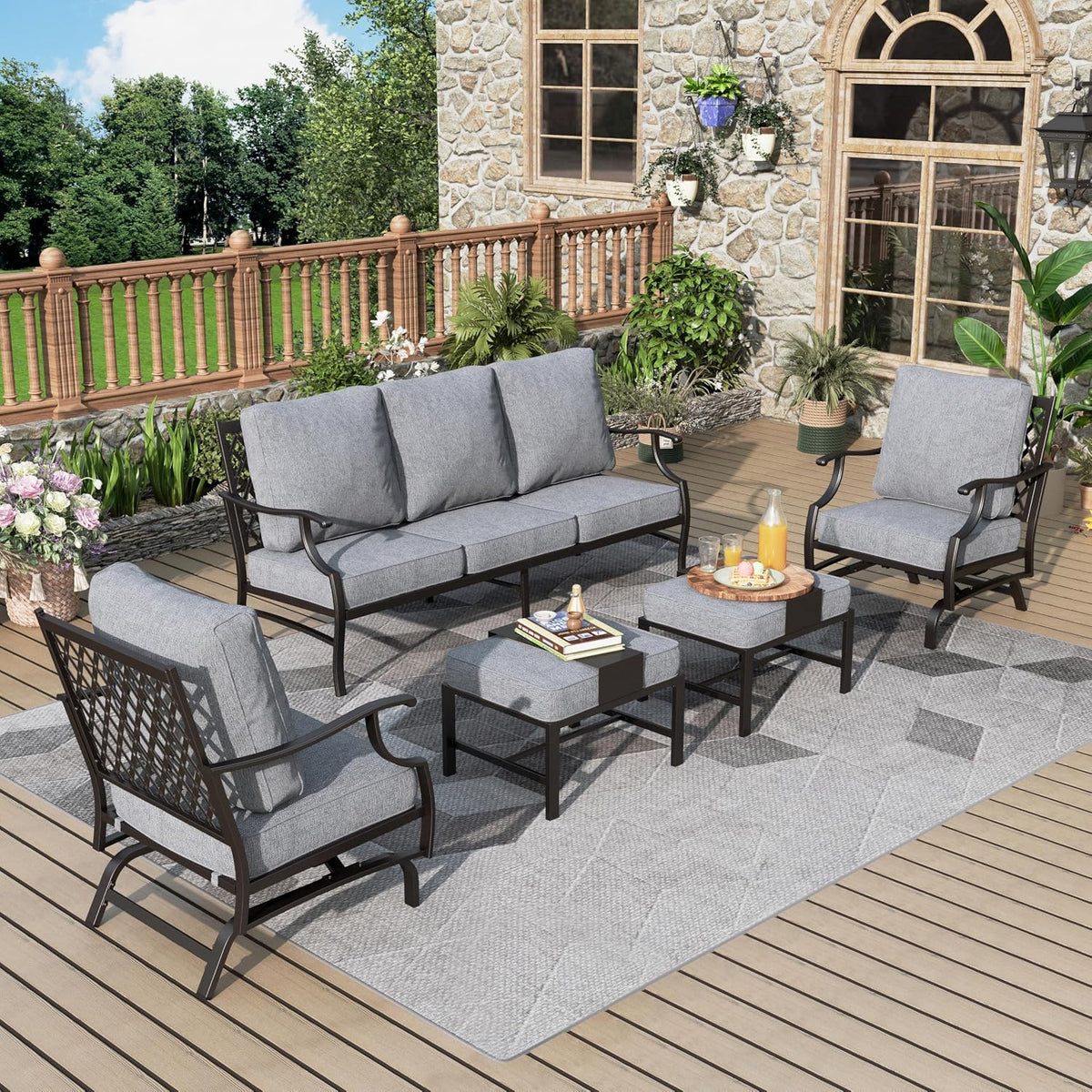 MIXPATIO 5-Piece Wrought Iron Patio Conversation Set, Rocking Chairs, Grey