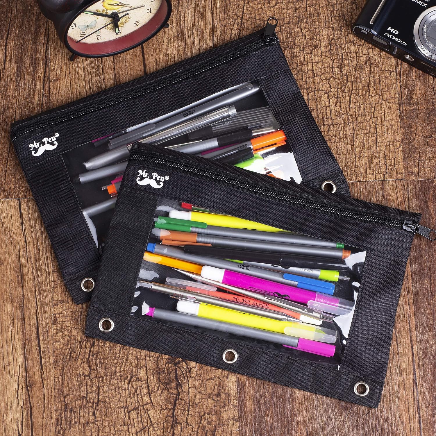 Mr. Pen- Pencil Pouch for 3 Ring Binder, 2 Pack, 10"x6.75", Smooth Zipper | Clear Window, Large Capacity Pencil Case with 3 Reinforced Grommets for School, Office, Supplies Storage