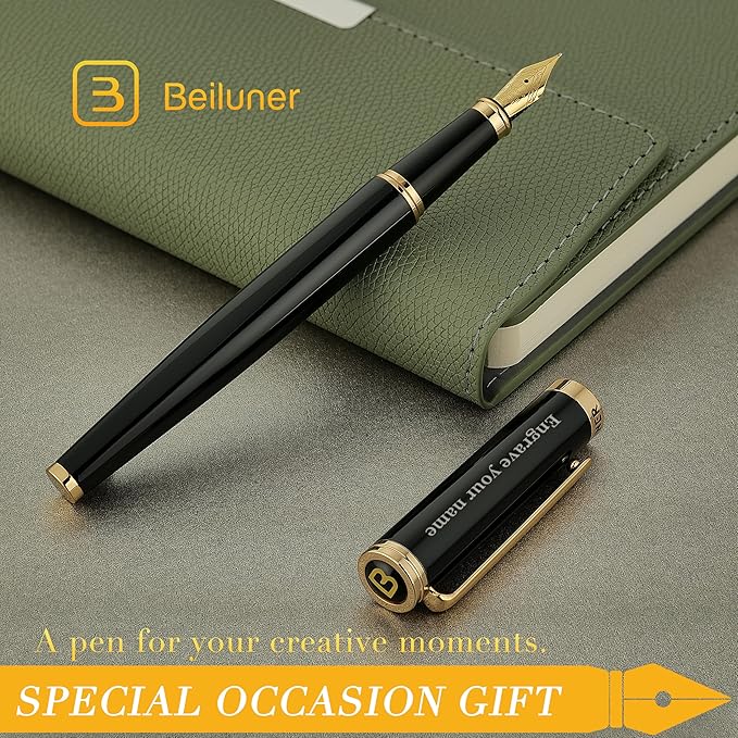 BEILUNER Black Personalized Fountain Pen, Stunning Luxury Lacquer, 24K Gilded - Image 8