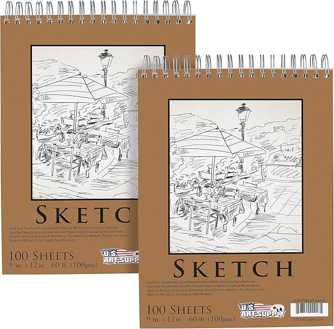 U.S. Art Supply 9"x12" Top Spiral Bound Sketch Book, 2 Pack, 100 Sheets Each by USArtSupply